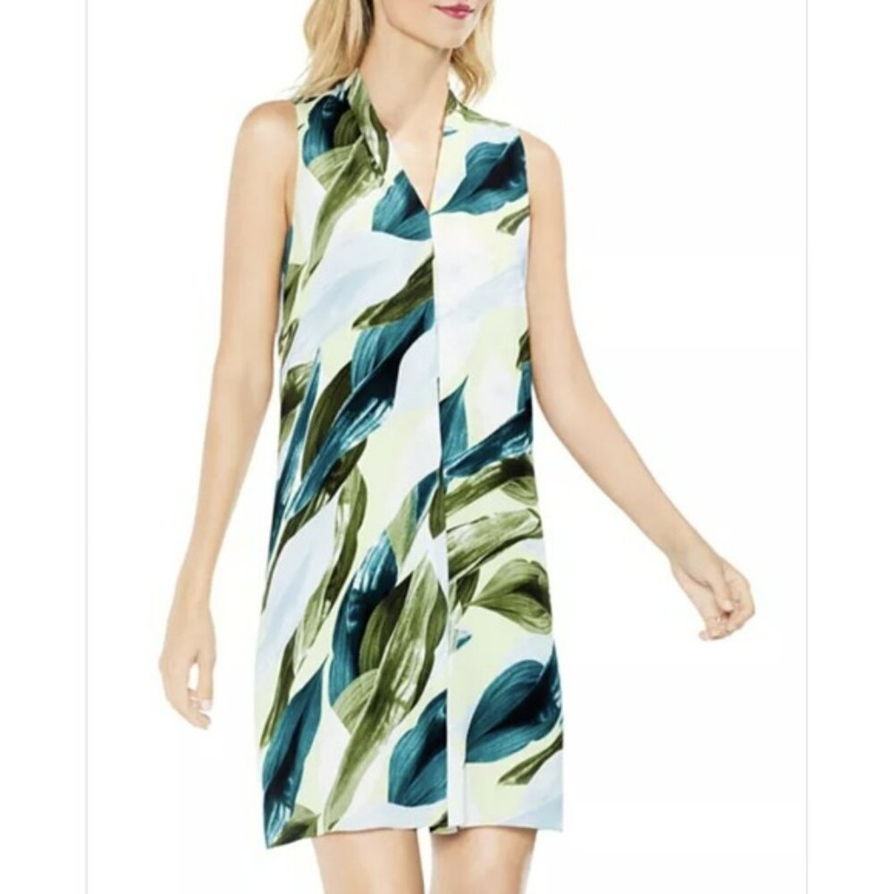 Vince Camuto Breezy Leaves Shift Dress Small Sleeveless Green White Tropical‎
